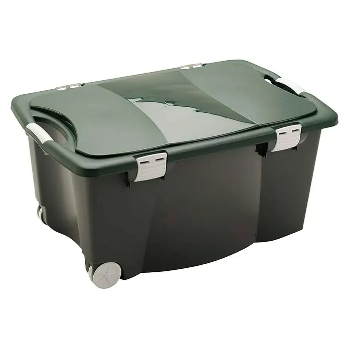 Caja de almacenaje - 80 x 52 x 41 cm, Capacidad volumétrica: 100 l - Caja de almacenamiento de plástico verde con ruedas y cierre de clip blanco, ideal para guardar diversos artículos.