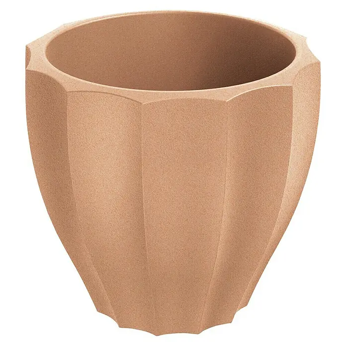 ETHICK Pflanztopf Rona - Außenmaß (Ø x H): 60 x 54 cm, Kunststoff, Terrakotta - Nahaufnahme eines terracottafarbenen, facettierten Blumentopfes mit einer zylindrischen Form und einer leicht rauen Textur.