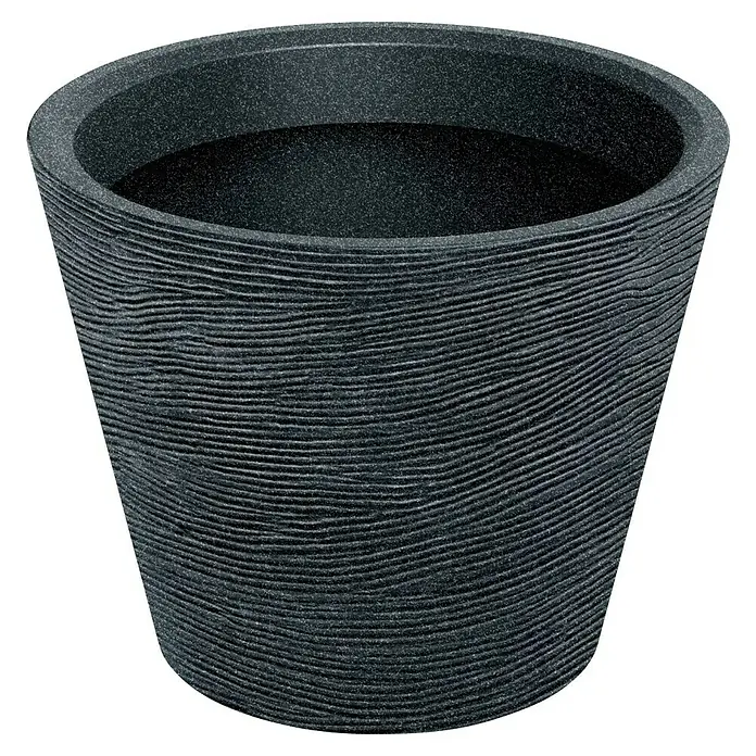 ETHICK Pflanztopf Tupra - Außenmaß (Ø x H): 48 x 38 cm, Kunststoff, Schwarz-Granit - Ein dunkelgrauer Pflanztopf mit einer gewellten Textur, ideal für Innen- und Außenbereiche. Der Topf ist robust und stilvoll.