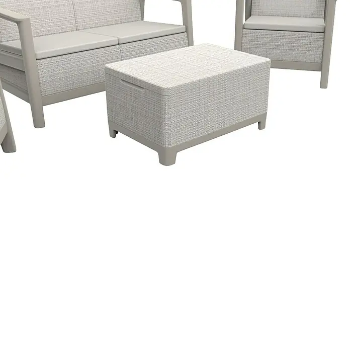 Keter Conjunto de muebles Scandi - Polipropileno, Gris - Primer plano de un otomano tejido con patas beige claro, destacando la textura y los tonos neutros del mueble.