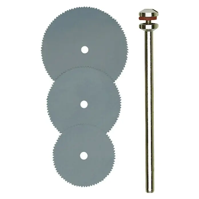 Proxxon Juego de hojas de corte N.º 28830 - 3 ud., Acero para resortes - La imagen muestra un juego de mini hojas de sierra circular con un mandril a juego, ideales para realizar cortes precisos en diversos materiales.
