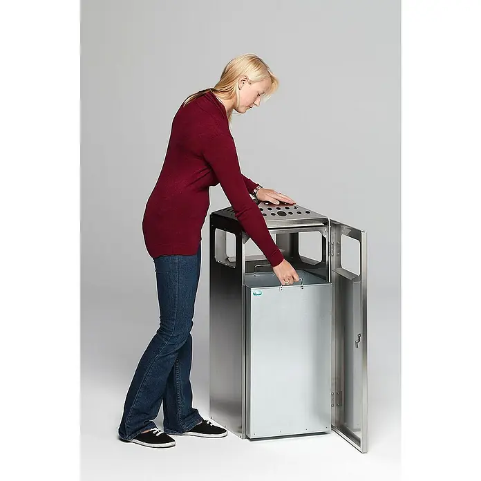 Proregal Asche-Mülleimer mit Einflügeltür + Deckel - 80 l, Edelstahl, Grau