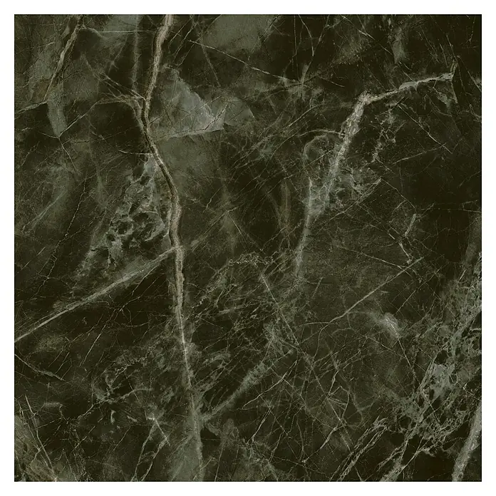Feinsteinzeugfliese Luxury Marble Green - 79 x 79 cm, Grün, Glänzend - Dunkelgrüne Marmorfliese mit auffälligen hellen Adern. Ideal für elegante Innenräume und zeitlose Designs.