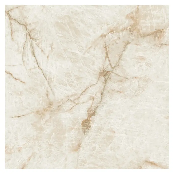 Feinsteinzeugfliese Luxury Marble Crystal - 79 x 79 cm, Weiß/Gold, Glänzend - Nahaufnahme einer beigen Marmorfliese mit zarten Maserungen, ideal für elegante Boden- und Wandgestaltungen.
