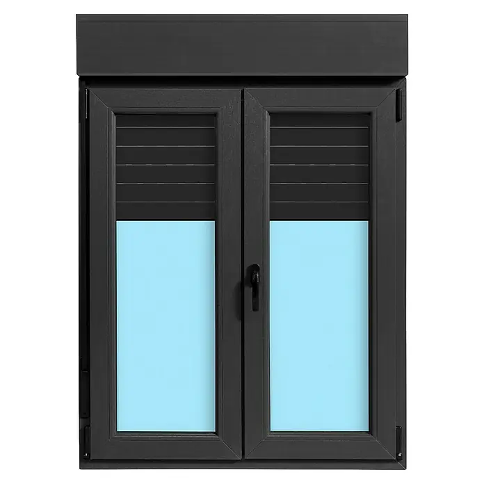 Ventana de PVC practicable-oscilobatiente - 100 x 138 cm, Derecha, Gris grafito, Con persiana de aluminio - Ventana doble gris antracita con persianas en la parte superior y vidrio transparente en la inferior, ideal para espacios luminosos.