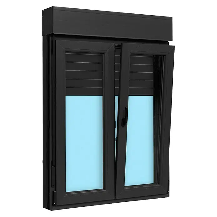 Ventana de PVC practicable-oscilobatiente - 100 x 138 cm, Derecha, Gris grafito, Con persiana de aluminio - Ventana negra con persiana enrollable y una hoja abierta, permitiendo la entrada de luz diurna.