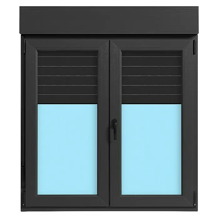 Ventana de PVC practicable-oscilobatiente - 120 x 138 cm, Derecha, Gris grafito, Con persiana de aluminio - Una ventana elegante con persianas enrollables en un diseño moderno, ideal para tu hogar. Los marcos de las ventanas son de un color oscuro.