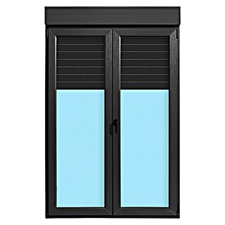 Balconera de PVC practicable-oscilobatiente (140 x 218 cm, Derecha, Gris grafito, Con persiana de PVC)
