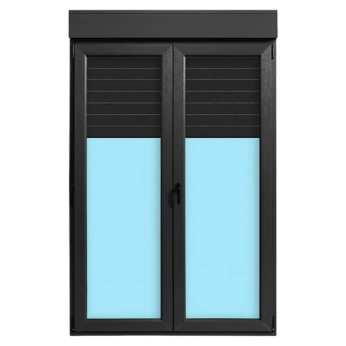 Balconera de PVC practicable-oscilobatiente - 140 x 218 cm, Derecha, Gris grafito, Con persiana de PVC - Una ventana negra moderna con persianas enrollables para un control óptimo de la luz y privacidad en la habitación.