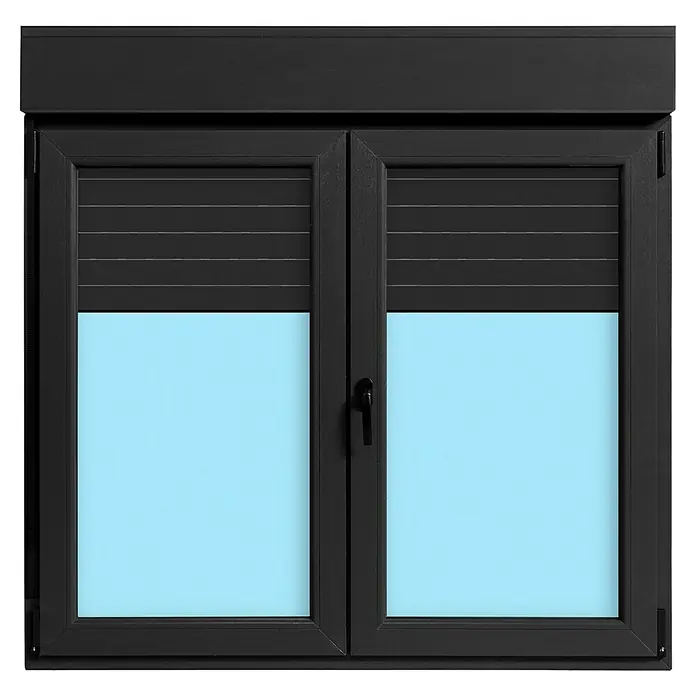 Ventana de PVC practicable-oscilobatiente - 140 x 138 cm, Derecha, Gris grafito, Con persiana de aluminio - Ventana negra con persiana enrollable, parcialmente abierta para la luz del día. Ideal para oscurecer y privacidad óptima.