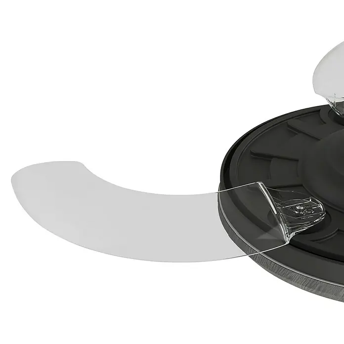 Arte confort Ventilador de techo Haze M - Negro, 107 cm, 29,8 W, Blanco cálido - Primer plano de un accesorio de cuchilla de licuadora negra con tapas de seguridad transparentes, diseñado para uso en la cocina.