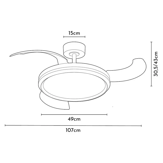 Arte confort Ventilador de techo Haze M - Negro, 107 cm, 29,8 W, Blanco cálido - Ilustración de un ventilador de techo con luz y dimensiones de 15 cm, 30,5/43 cm, 49 cm y 107 cm.