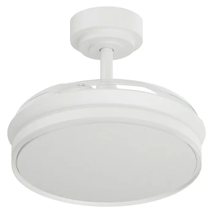 Arte confort Ventilador de techo Tivar S - Blanco, 91 cm, 30 W, Blanco cálido - Primer plano de un moderno ventilador de techo redondo y blanco, que proporciona un ambiente elegante y luminoso a cualquier habitación.