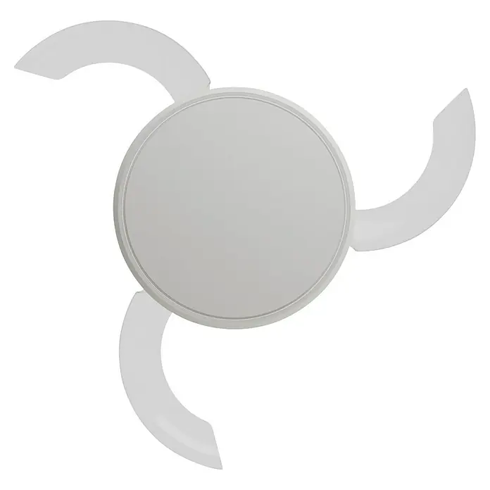 Arte confort Ventilador de techo Tivar S - Blanco, 91 cm, 30 W, Blanco cálido - Una toma aérea de un ventilador de techo con tres aspas dispuestas alrededor de un centro circular, mostrando una estética moderna.