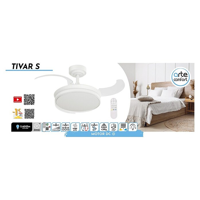 Arte confort Ventilador de techo Tivar S (Blanco, 91 cm, 30 W, Blanco cálido) | BAUHAUS