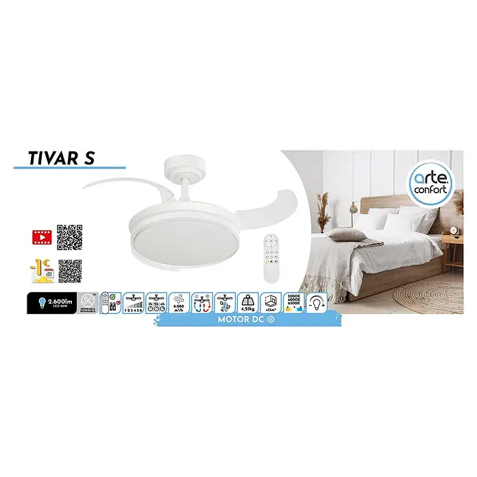 Arte confort Ventilador de techo Tivar S - Blanco, 91 cm, 30 W, Blanco cálido - Imagen de un ventilador de techo TIVAR S con iluminación LED, incluyendo detalles del producto como la intensidad de la luz.