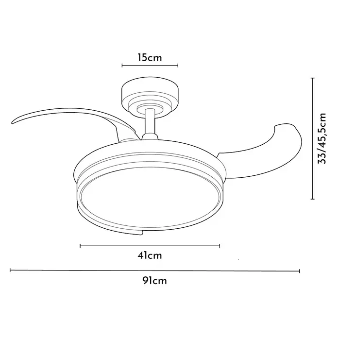 Arte confort Ventilador de techo Tivar S - Blanco, 91 cm, 30 W, Blanco cálido - Dibujo técnico de un ventilador de techo con dimensiones que ilustran su tamaño y proporciones.