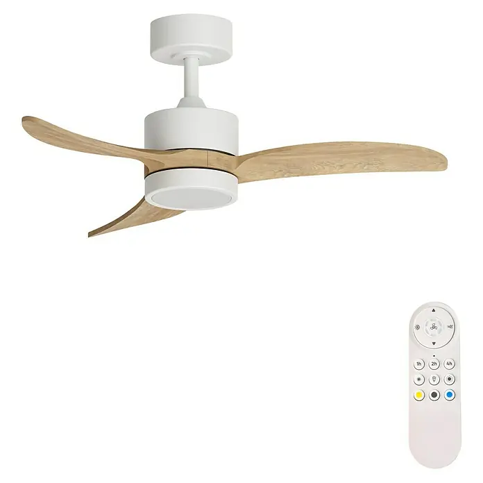 Arte confort Ventilador de techo Echo S - Blanco/Madera, 91 cm, 26,3 W, Blanco cálido - Imagen de un ventilador de techo blanco con aspas de madera y un mando a distancia para ajustar la configuración.
