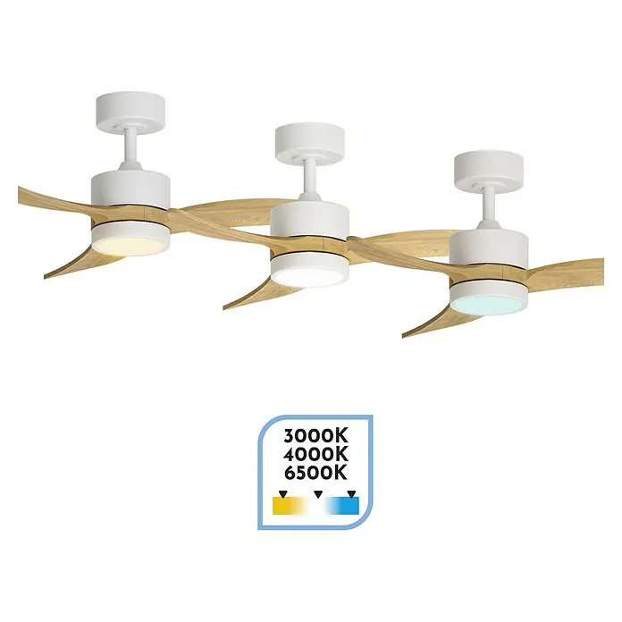 Arte confort Ventilador de techo Echo S - Blanco/Madera, 91 cm, 26,3 W, Blanco cálido - Ventilador de techo con tres luces de diferentes temperaturas de color, ajusta el brillo.