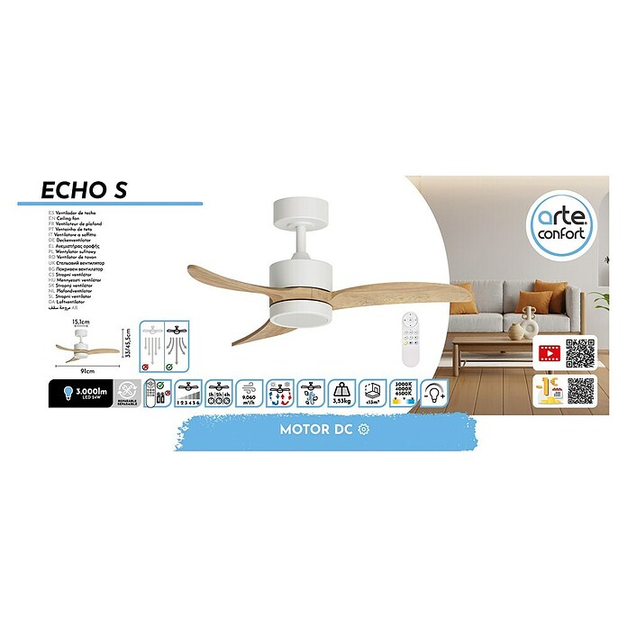 Arte confort Ventilador de techo Echo S (Blanco/Madera, 91 cm, 26,3 W, Blanco cálido) | BAUHAUS