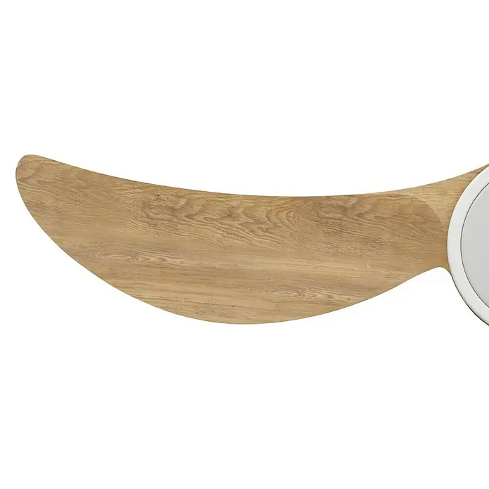 Arte confort Ventilador de techo Echo S - Blanco/Madera, 91 cm, 26,3 W, Blanco cálido - Primer plano de una pala de ventilador de techo de madera clara con una carcasa blanca, mostrando un diseño moderno y elegante.
