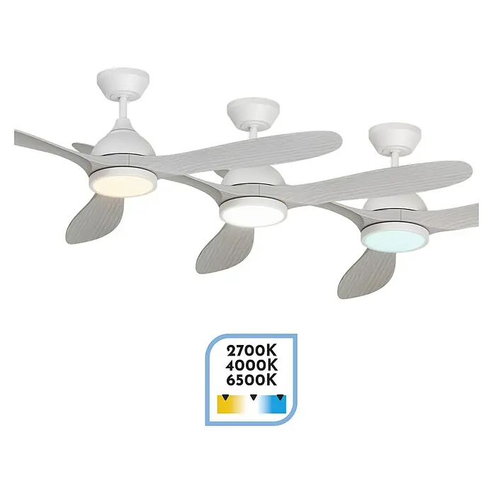 Arte confort Ventilador de techo Kenia - Roble gris, 132 cm, 34 W, Blanco cálido - Tres ventiladores de techo blancos con iluminación LED que muestran diferentes temperaturas de color.