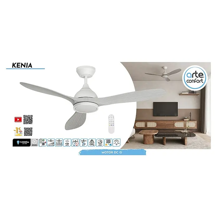 Arte confort Ventilador de techo Kenia - Roble gris, 132 cm, 34 W, Blanco cálido - Imagen de un ventilador de techo KENIA, con tres aspas, en blanco con mando a distancia, ideal para ventilar grandes espacios.