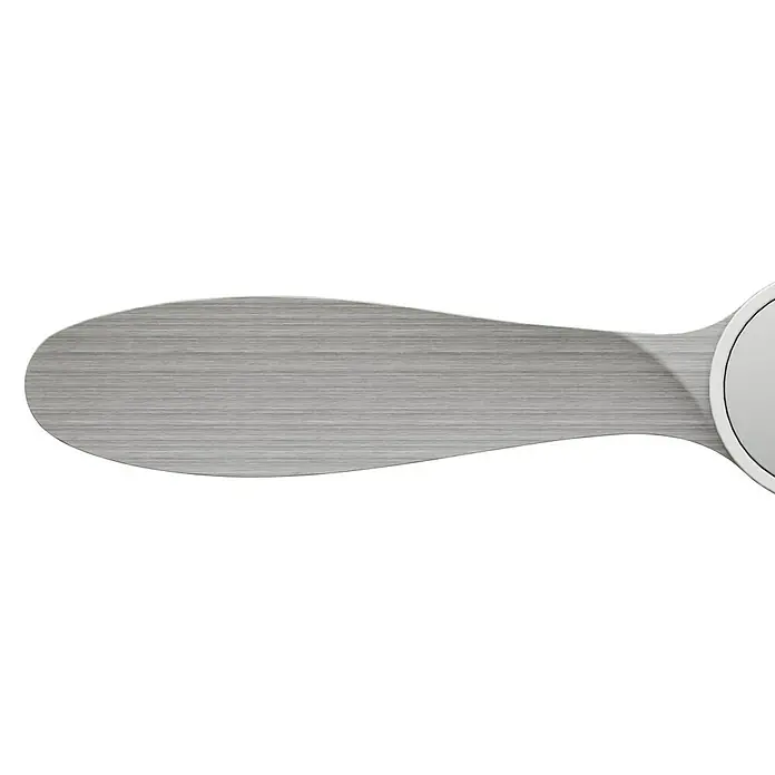 Arte confort Ventilador de techo Kenia - Roble gris, 132 cm, 34 W, Blanco cálido - Primer plano de una espátula de cocina moderna, de color plateado, con mango liso y orificio redondo para colgar.