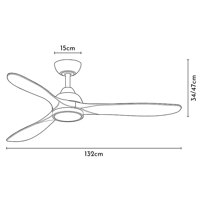 Arte confort Ventilador de techo Kenia - Roble gris, 132 cm, 34 W, Blanco cálido - Ilustración de un ventilador de techo con tres palas e indicaciones de sus dimensiones.