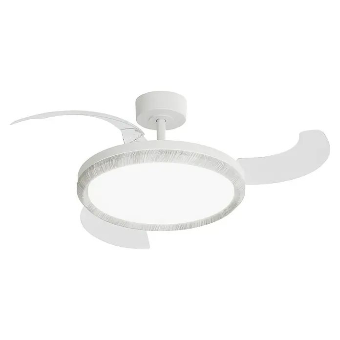 Arte confort Ventilador de techo Haze M - Blanco, 107 cm, 29,8 W, Blanco cálido - Elegante lámpara de techo con ventilador. El diseño moderno presenta una pantalla redonda con flecos suaves y aspas de ventilador claras.