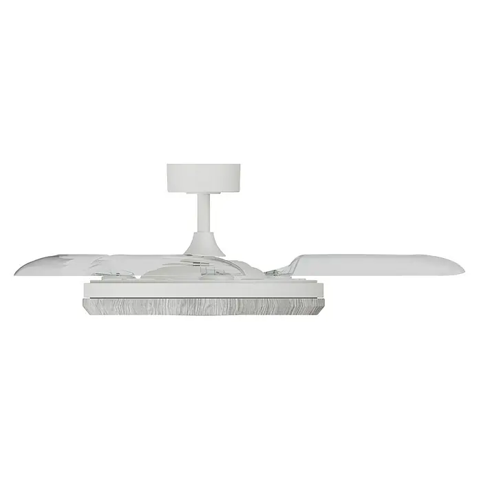 Arte confort Ventilador de techo Haze M - Blanco, 107 cm, 29,8 W, Blanco cálido - Una imagen cercana de un ventilador de techo blanco con aspas transparentes montado en un techo blanco, destacando el diseño moderno del producto.