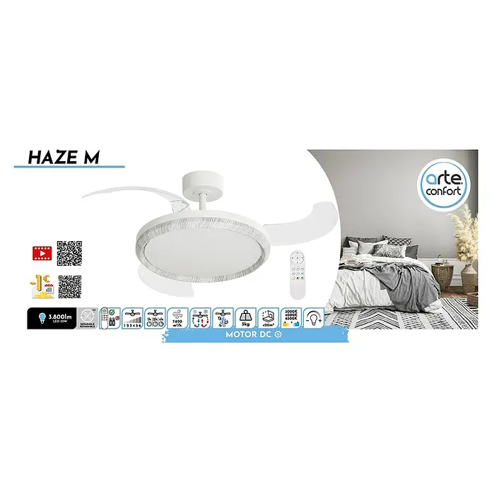 Arte confort Ventilador de techo Haze M - Blanco, 107 cm, 29,8 W, Blanco cálido - Ventilador de techo Haze M con iluminación LED y control remoto incluido, proporcionando un ambiente cómodo y diseño elegante.