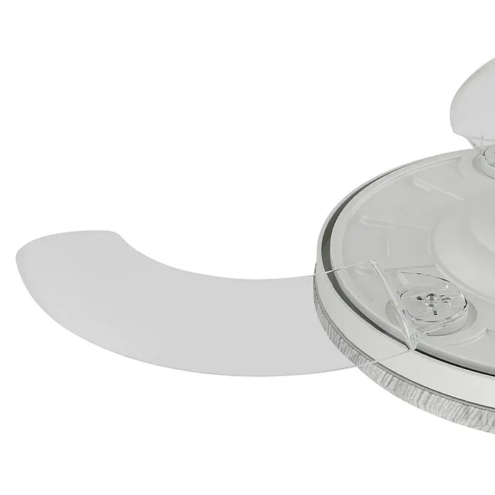 Arte confort Ventilador de techo Haze M - Blanco, 107 cm, 29,8 W, Blanco cálido - Primer plano de un robot aspirador blanco con detalles transparentes, sobre una superficie clara. El diseño parece moderno y minimalista.