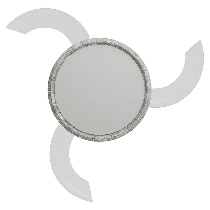 Arte confort Ventilador de techo Haze M - Blanco, 107 cm, 29,8 W, Blanco cálido - Una mesa de comedor redonda de color gris claro con un borde texturizado único y tres formas de sillas curvas y ligeras a su alrededor.