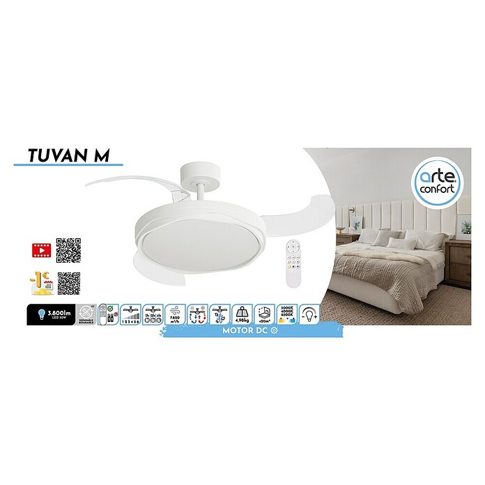 Arte confort Ventilador de techo Tuvan M (Blanco, 107 cm, 29,8 W, Blanco cálido) | BAUHAUS