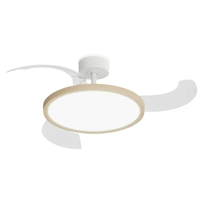 Arte confort Ventilador de techo Vetra M - Blanco/Madera, 107 cm, 29,8 W, Blanco cálido - Primer plano de un ventilador de techo con luz LED integrada, ideal para espacios modernos e iluminación de bajo consumo.