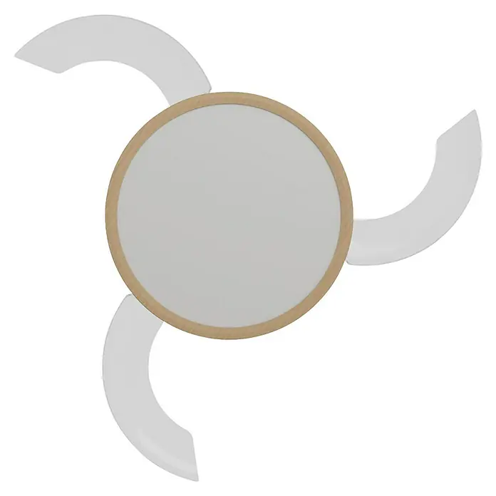 Arte confort Ventilador de techo Vetra M - Blanco/Madera, 107 cm, 29,8 W, Blanco cálido - Primer plano de una mesa redonda con marco de madera y tres patas de mesa arqueadas. La mesa tiene una tapa blanca.