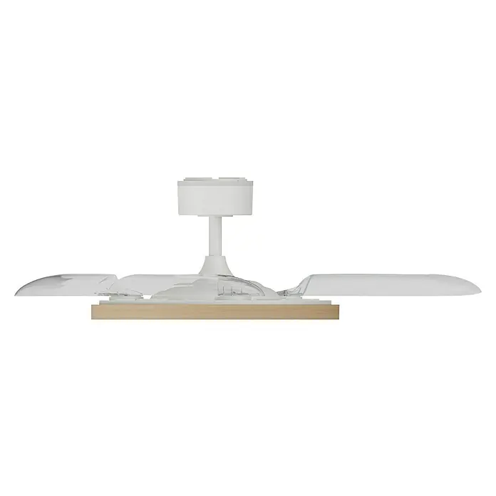 Arte confort Ventilador de techo Vetra M - Blanco/Madera, 107 cm, 29,8 W, Blanco cálido - El producto es una lámpara moderna con una pantalla de plástico transparente y una base de madera, diseñada para un ambiente elegante.