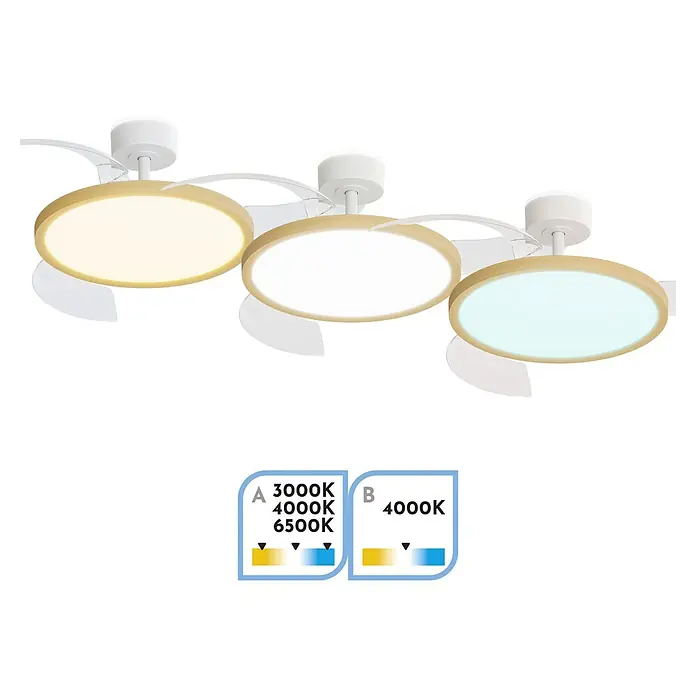 Arte confort Ventilador de techo Vetra M - Blanco/Madera, 107 cm, 29,8 W, Blanco cálido - Ventilador de techo con iluminación LED en varias temperaturas de color para una luz ambiental.