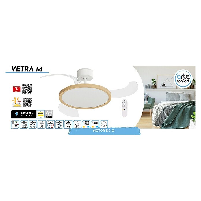 Arte confort Ventilador de techo Vetra M (Blanco/Madera, 107 cm, 29,8 W, Blanco cálido) | BAUHAUS
