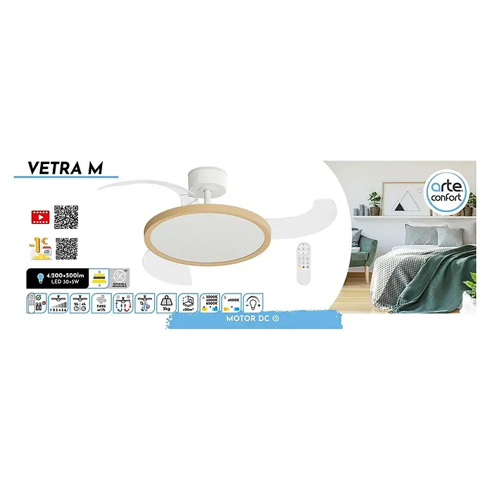 Arte confort Ventilador de techo Vetra M - Blanco/Madera, 107 cm, 29,8 W, Blanco cálido - Ventilador de techo VETRA M con acabado en madera y mando a distancia. Incluye iluminación LED, ahorro de energía y elegante.