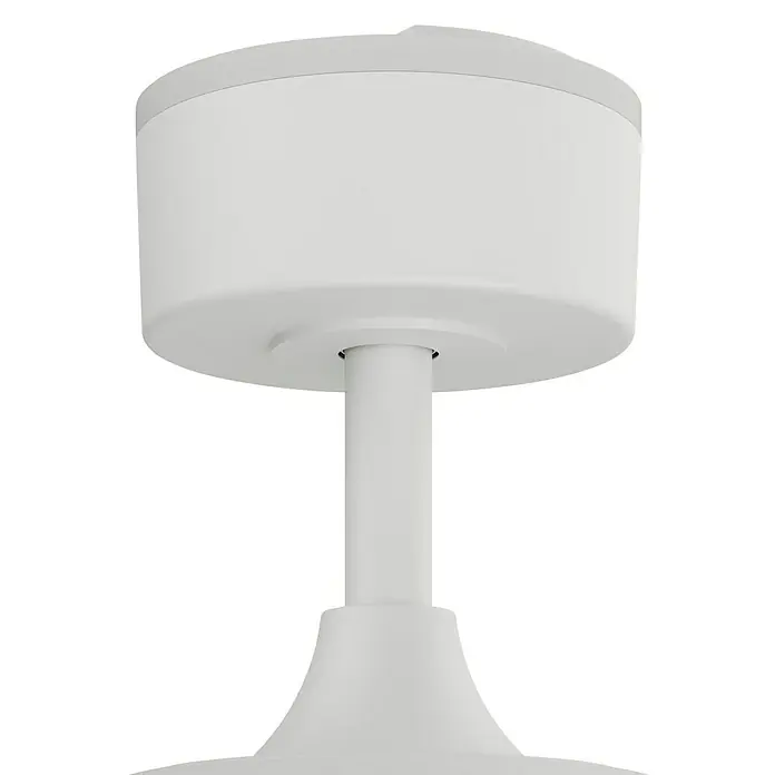 Arte confort Ventilador de techo Vetra M - Blanco/Madera, 107 cm, 29,8 W, Blanco cálido - Primer plano de una lámpara de techo blanca. La luz presenta una pantalla cilíndrica y un elemento de diseño en forma de varilla.