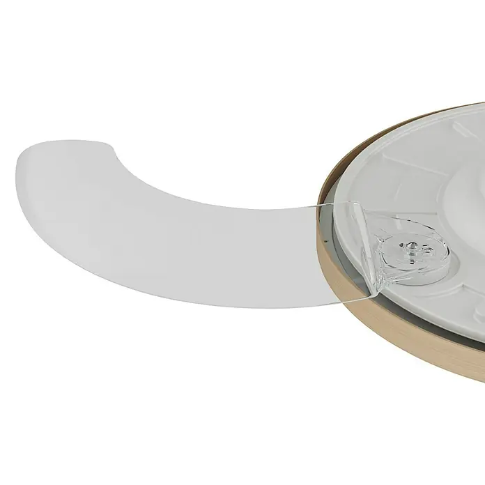 Arte confort Ventilador de techo Vetra M - Blanco/Madera, 107 cm, 29,8 W, Blanco cálido - Un primer plano que muestra un dispensador redondo con cinta transparente, enfatizando la capacidad de dispensación precisa.