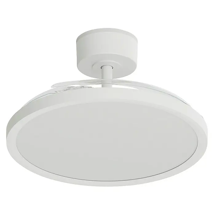 Arte confort Ventilador de techo Vetra M - Blanco, 107 cm, 29,8 W, Blanco cálido - Primer plano de un ventilador de techo blanco con iluminación integrada y aspas transparentes sobre un fondo negro.