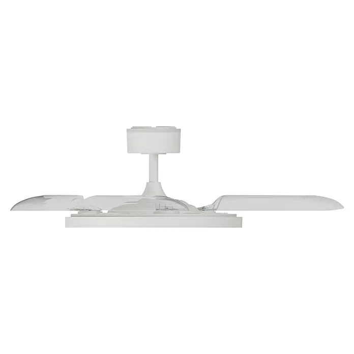 Arte confort Ventilador de techo Vetra M - Blanco, 107 cm, 29,8 W, Blanco cálido - Un primer plano de una lámpara de techo blanca con múltiples brazos y una pantalla cilíndrica. Diseño elegante perfecto para interiores modernos.