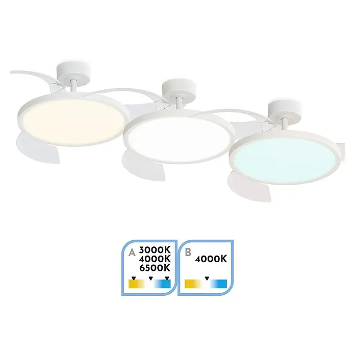 Arte confort Ventilador de techo Vetra M - Blanco, 107 cm, 29,8 W, Blanco cálido - Ventilador de techo LED blanco con temperatura de color ajustable, creando un ambiente lumínico personalizable.