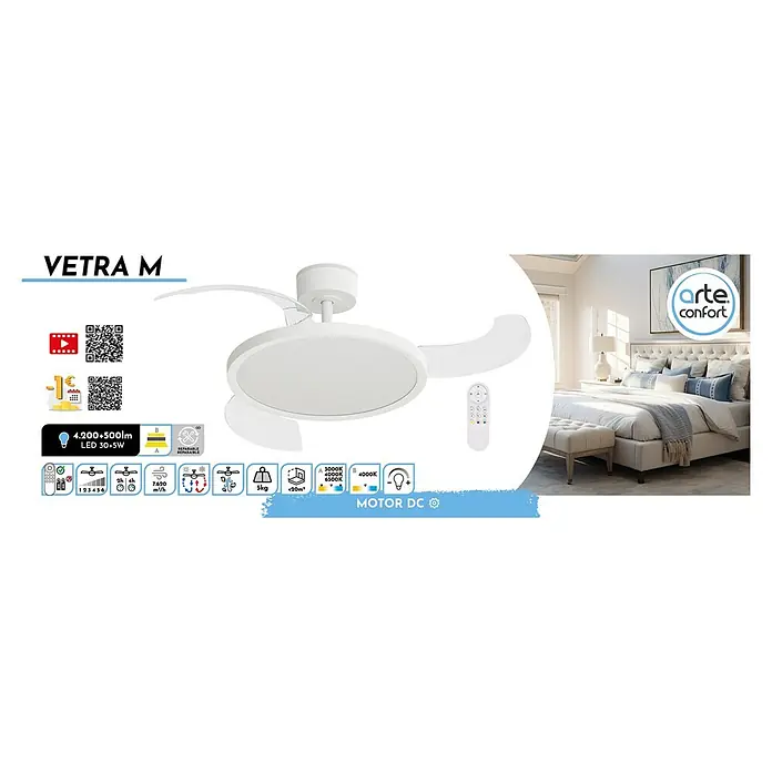 Arte confort Ventilador de techo Vetra M - Blanco, 107 cm, 29,8 W, Blanco cálido - Imagen de un ventilador de techo blanco Vetra M con iluminación LED y control remoto, perfecto para un ambiente confortable.