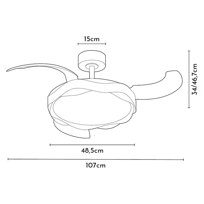 Arte confort Ventilador de techo Yeron M - Blanco, 107 cm, 29,3 W, Blanco cálido - Imagen de un ventilador de techo con dimensiones: 15cm (arriba), 48,5cm (medio), 107cm (abajo). La altura es de 34/46,7cm (derecha).