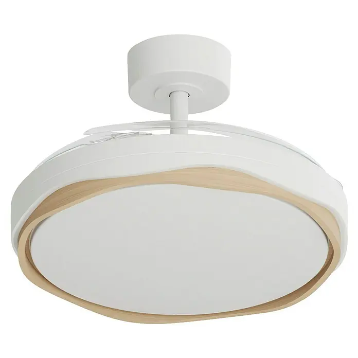 Arte confort Ventilador de techo Tuvan M - Blanco/Madera, 107 cm, 29,8 W, Blanco cálido - Un ventilador de techo blanco con detalles de madera proporciona una iluminación elegante y funcional.