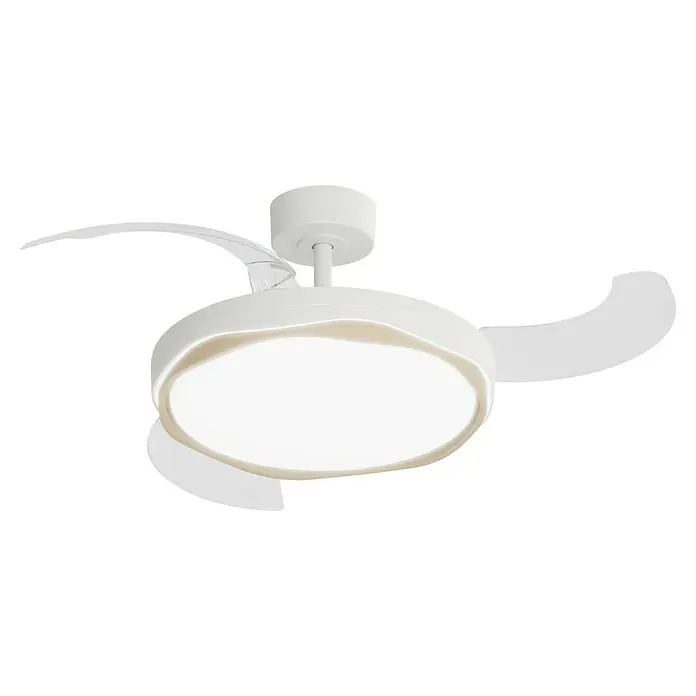 Arte confort Ventilador de techo Tuvan M - Blanco/Madera, 107 cm, 29,8 W, Blanco cálido - Primer plano de un moderno ventilador de techo blanco con iluminación integrada. Diseño elegante con líneas limpias para complementar cualquier habitación.